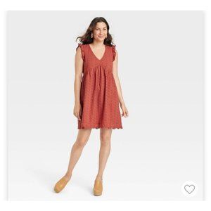 Women's Ruffle Short Sleeve Eyelet A-Line Dress Knox Rose size S (2D9)